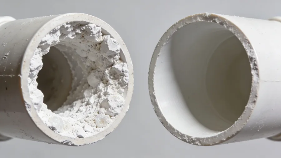 Kalkablagerungen im Rohrquerschnitt – verengtes Rohr durch Kalk