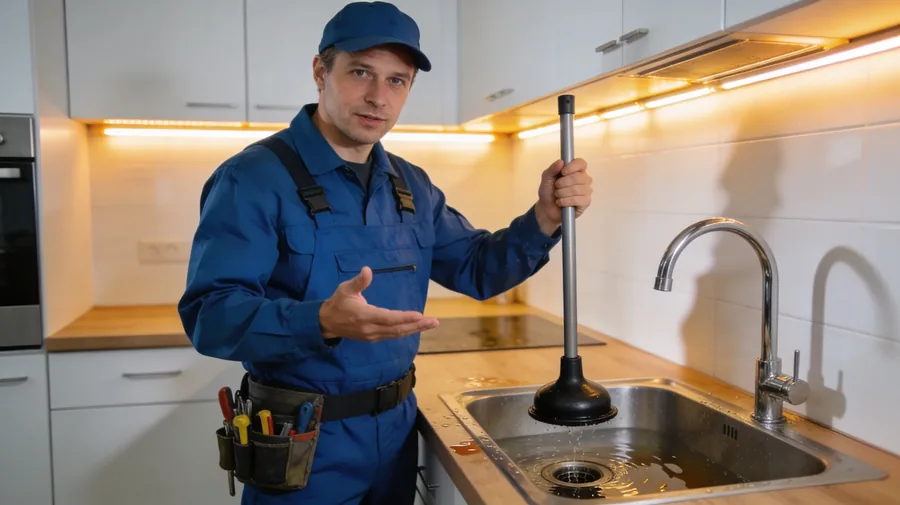 Klempner mit Pömpel bei der Rohrreinigung in der Küche