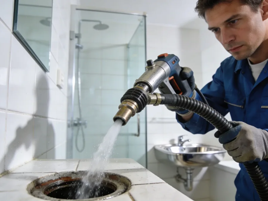 Professionelle Hochdruckspülung – Rohrreiniger im Einsatz am Haushaltsabfluss