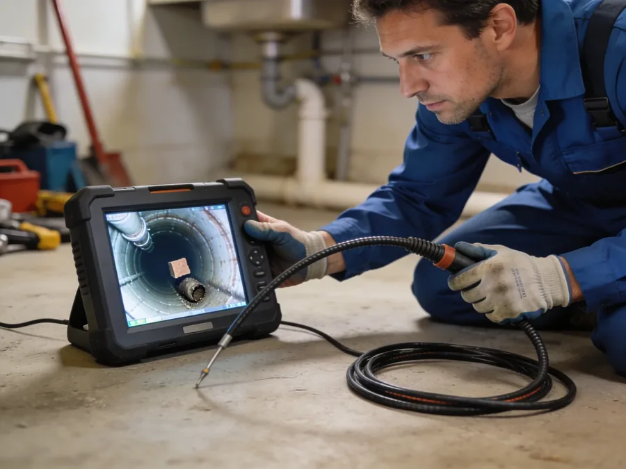 Kamerainspektion – Rohrzustand live auf dem Display: Fachbetrieb diagnostiziert Verstopfung