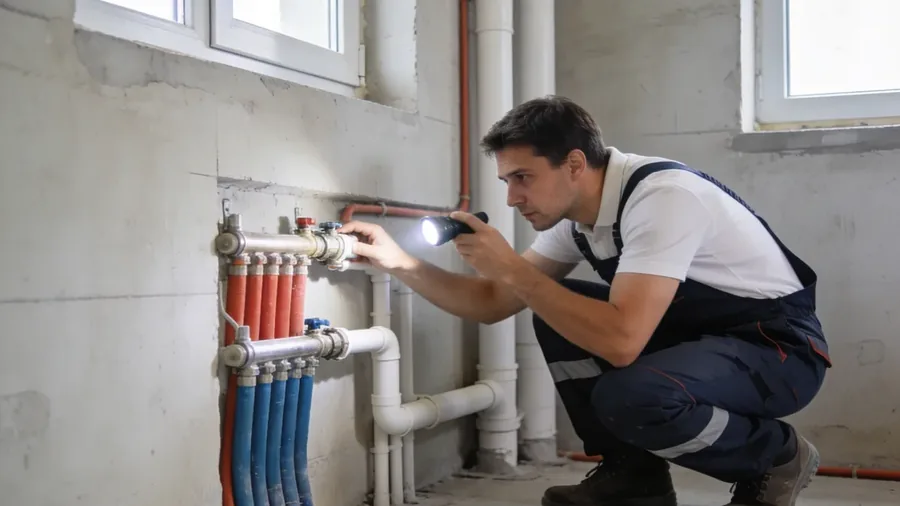 Klempner prüft PVC-Leitungen in einem Neubau – auch neue Rohre können verstopfen