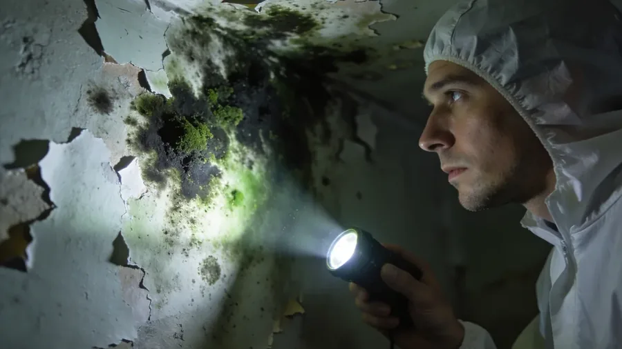 Schimmelbefall nach Wasserschaden – Fachmann inspiziert befallene Wandfläche