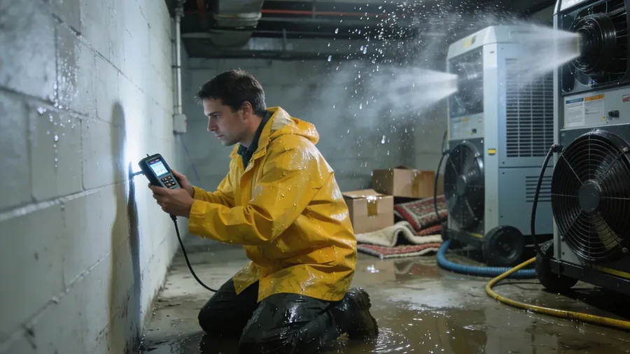 Professionelles Trocknungsteam mit Industrietrocknern nach Wasserschaden im Keller
